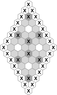game board and positions of hexaminoes for puzzles and conundrums